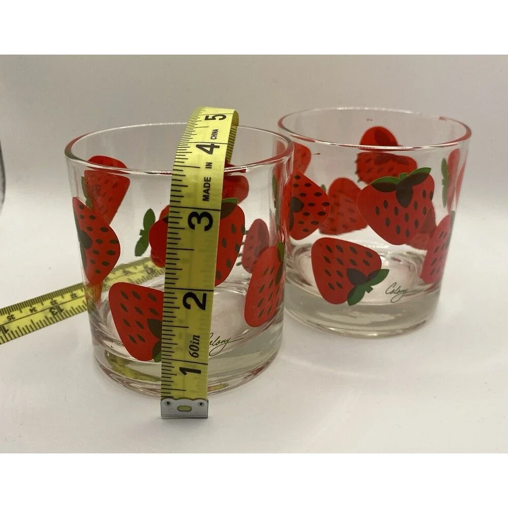 2) Vtg 70s Strawberry Glasses Signed by Colony 3.5” Drinkware MCM Juice Lowball